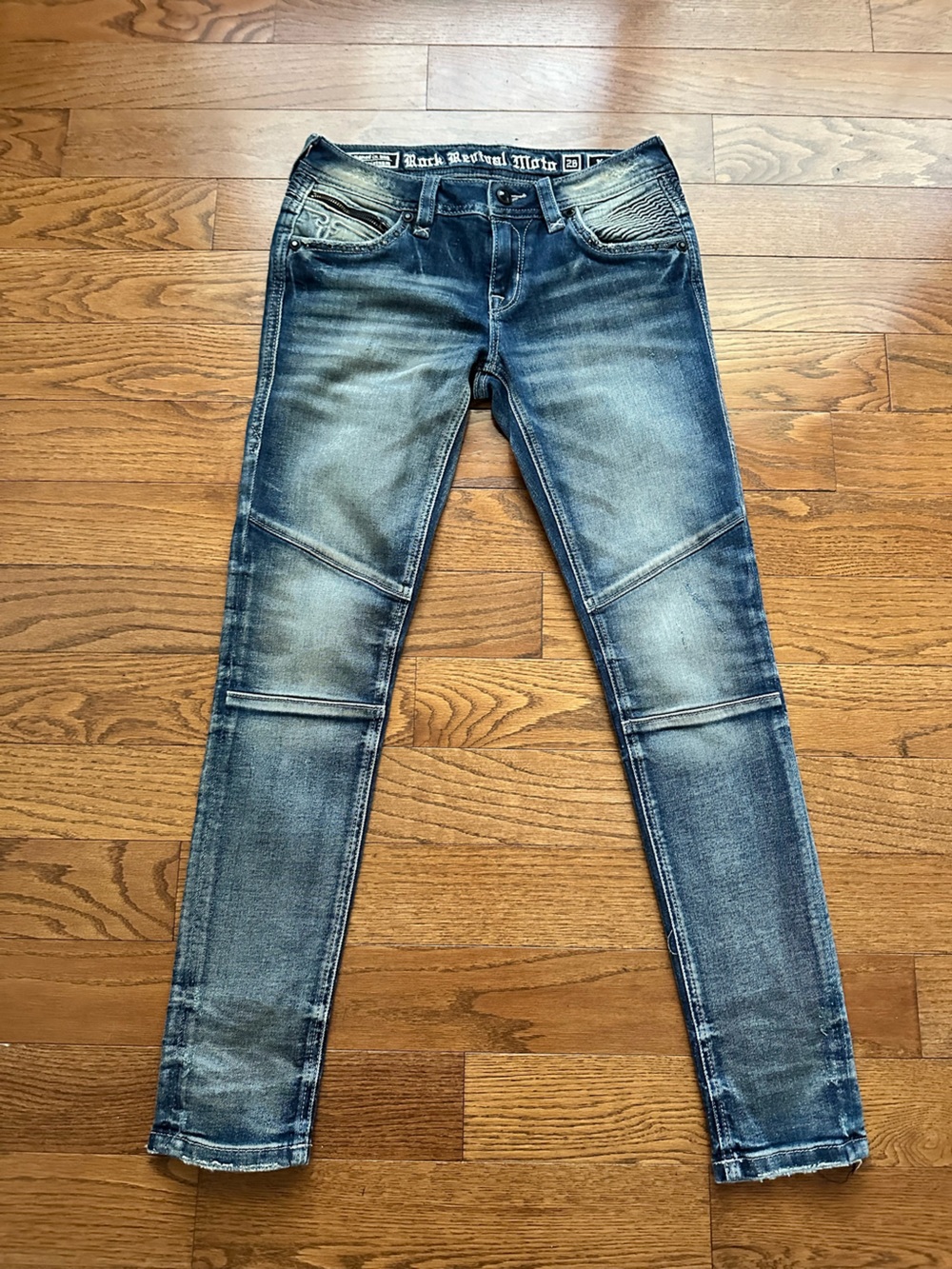 Rock Revival Moto Women’s Kamil Slim Skinny Jeans Blue Stretch 26 Black Jewels